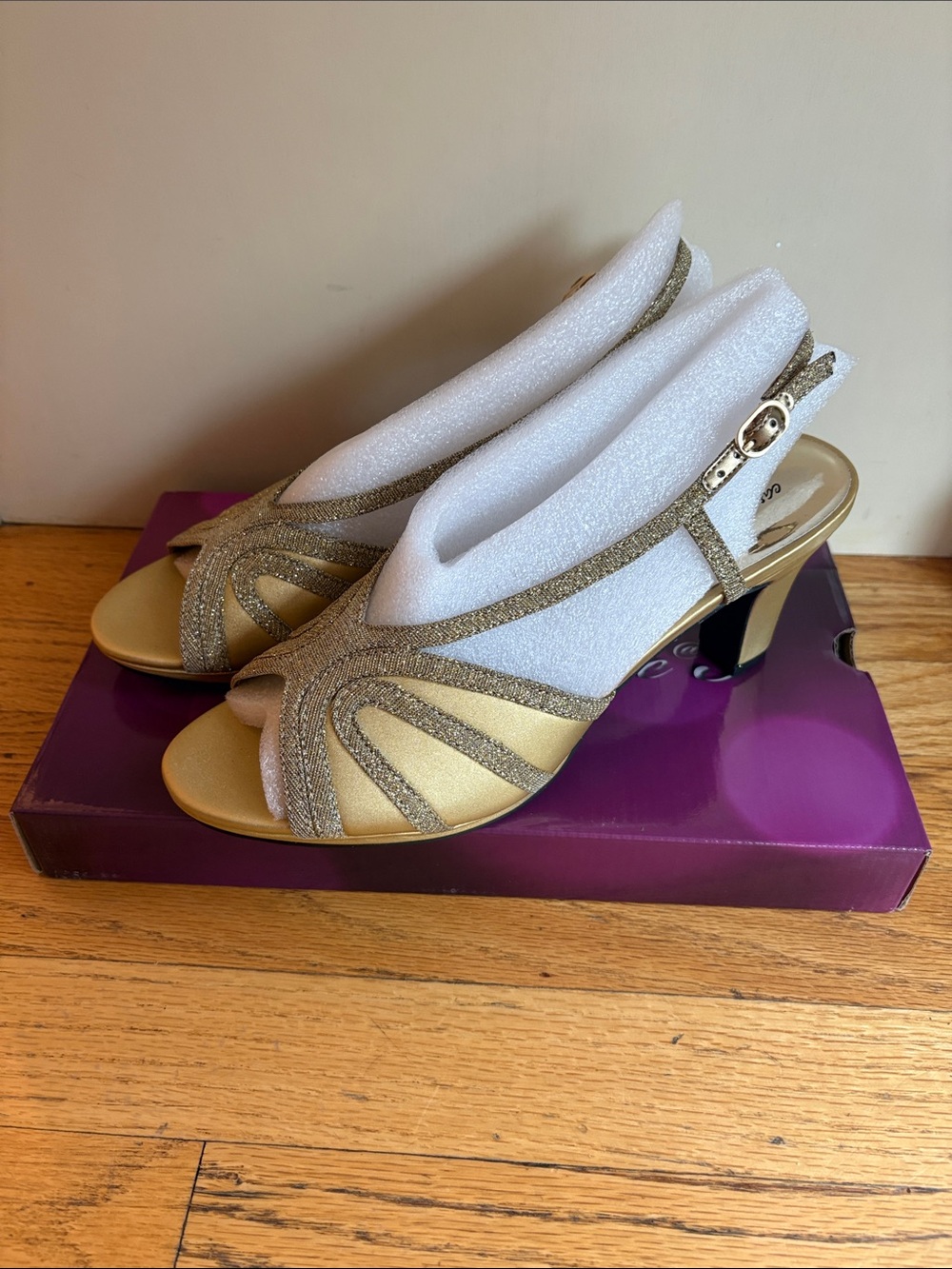 easy street Gold Glitter Open-Toe Slingback Heels